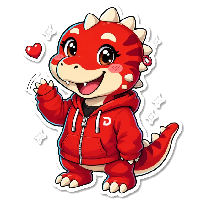 Divi Dino, a little red dinosaur in a red hoodie, waving hello