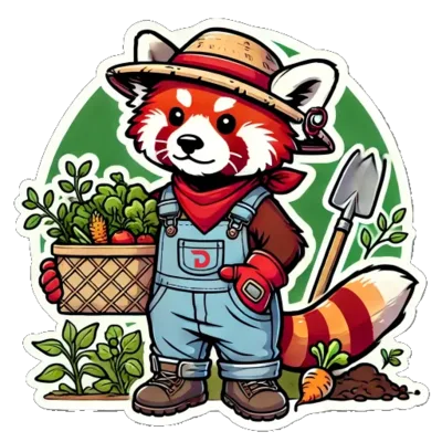 Panda dressed as a gardener with a basket of vegetables