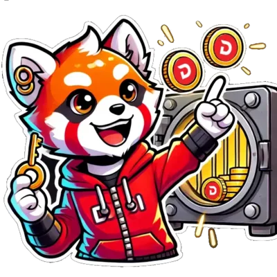 Panda holding a key next to a big treasure safe full of coins