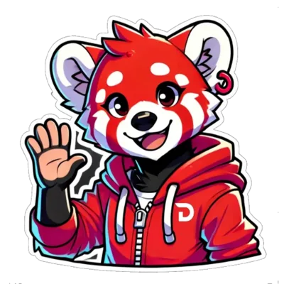 Panda, a red panda in a red hoodie, waving